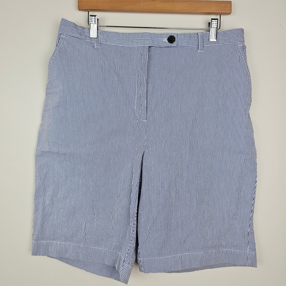 Lands End Bermuda Shorts Womens 16 Blue White Striped Seersucker Chino Casual